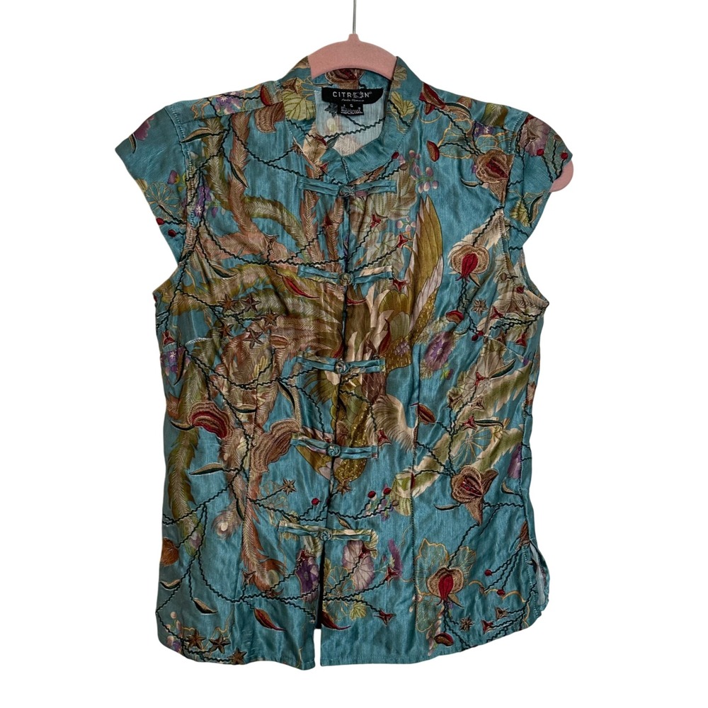 Vintage Citron Santa Monica Linen Silk Satin Top Size S Blue Floral‎ Frog Knots